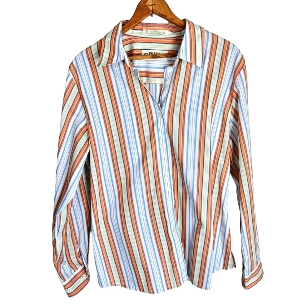 Orvis Carefree Multicolor Button-down Long Sleeve Striped Blouse, size 14